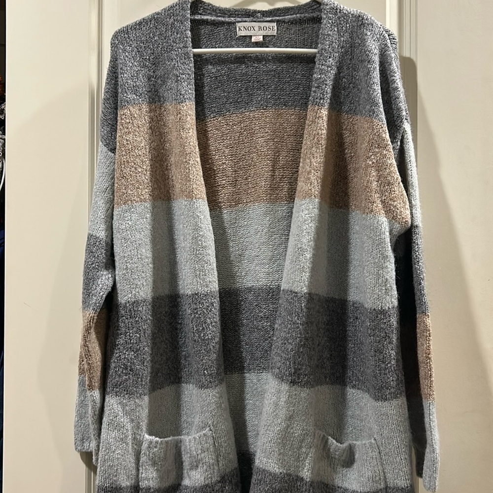 Knox Rose long cardigan sweater wide stripe colorblock w/ pockets size XL